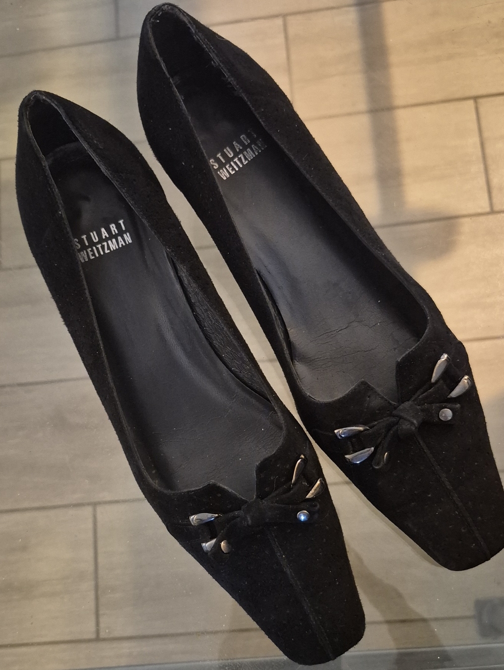 Stuart Weitzman Black Suede Square Toe, Kitten Heel & Bow w/Gun Metal Hardware